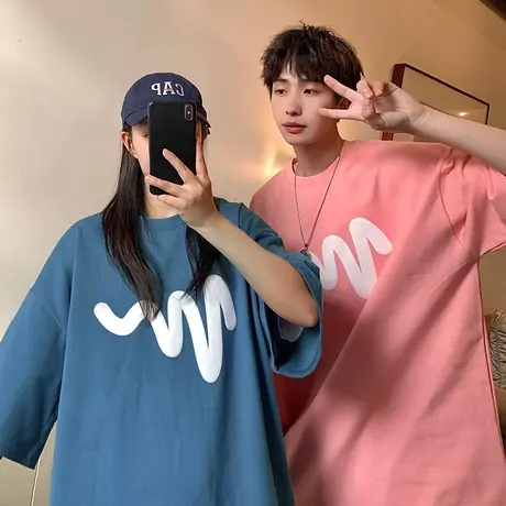 立体发泡印花短袖t恤男夏季2024潮流宽松简约印花休闲圆领半袖衫商品大图