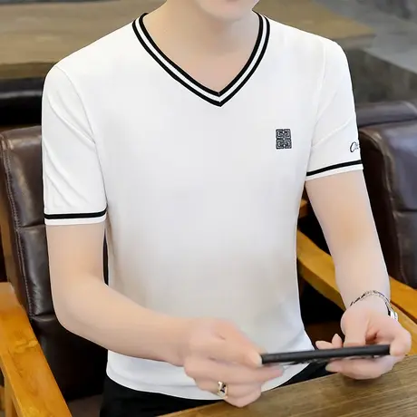 短袖男t恤夏季2022新款潮流V领冰丝衣服百搭半袖薄款夏装男款体恤商品大图