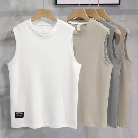 重磅华夫格背心男无袖t恤夏季透气跨栏篮球运动纯色白色健身坎肩商品大图