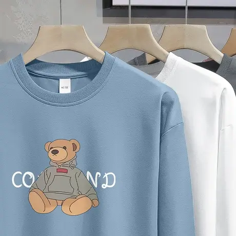 男士卫衣春秋款小熊印花潮牌圆领上衣服加绒无帽长袖t恤休闲百搭商品大图