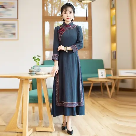筠雅越南旗袍裙奥黛改良版连衣裙复古中国风长袖新中式长裙23J658图片