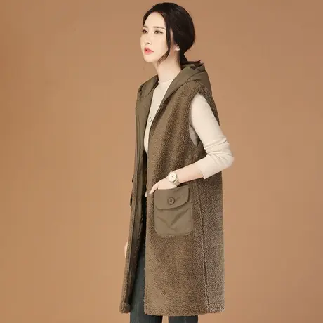 韩潮袭人无袖连帽中长款加厚马夹2023冬新款保暖羊羔绒马甲外套女图片