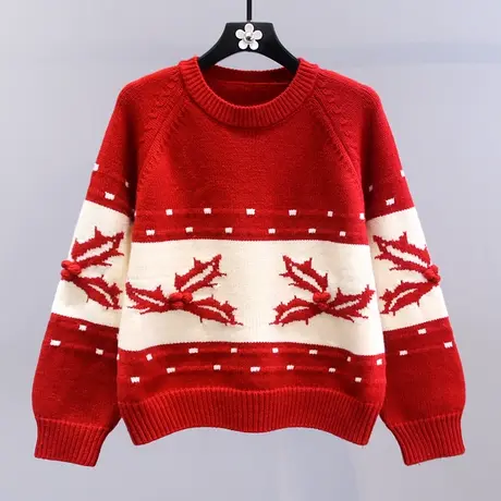 新年圣诞风红色毛衣女冬季2023新款宽松慵懒风加厚减龄针织衫上衣图片