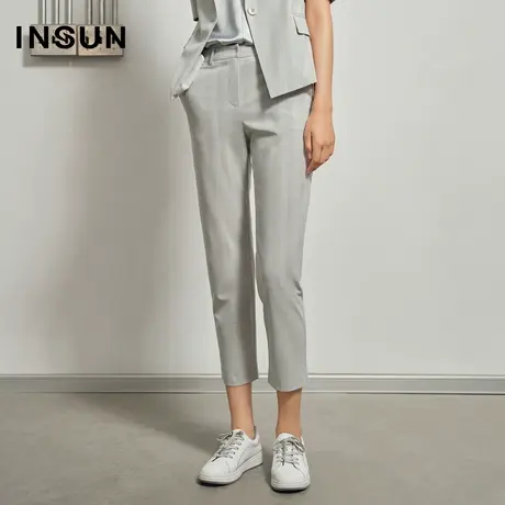 INSUN恩裳夏季九分条纹修身小脚直筒裤商品大图