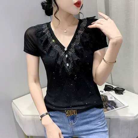 性感V领网纱T恤女短袖洋气荷叶边小衫欧货烫钻上衣设计感女小众夏图片