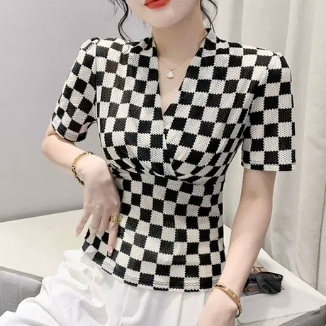 欧货性感V领网纱T恤女短袖2024夏新款洋气拼色小衫设计感交叉上衣图片