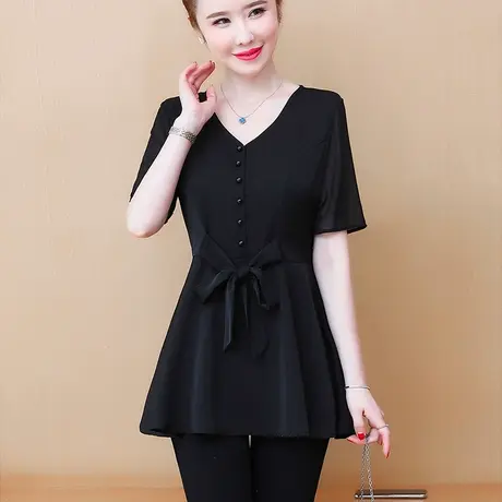 中长款大码女装2023夏季新款雪纺女收腰宽松遮肉胖MML短袖黑色T恤商品大图