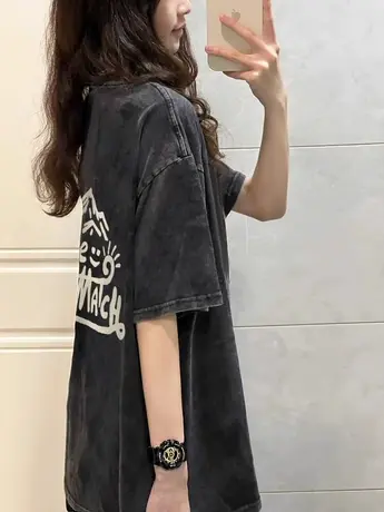夏季新款复古水洗纯棉t恤女短袖美式T恤宽松做旧设计感小众百搭商品大图