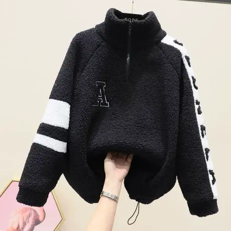2023冬装新款百搭加绒加厚羊羔毛外套女套头宽松保暖立领卫衣外穿图片