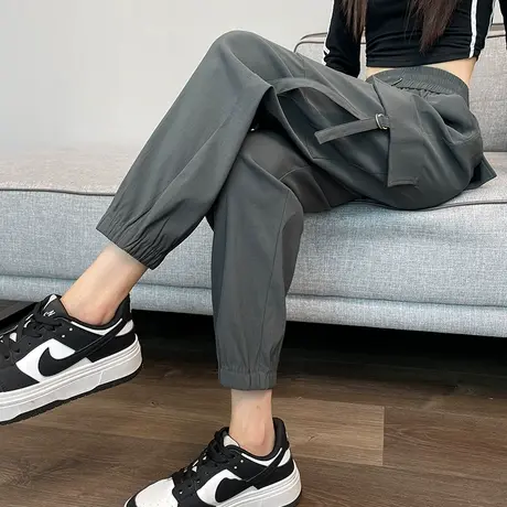 灰色束脚工装裤女春秋新款高腰显瘦垂感直筒百搭美式哈伦运动裤子商品大图