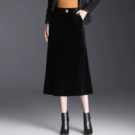黑色厚金丝绒a字裙女秋冬2023新款高腰显瘦半身裙通勤中长包臀裙图片