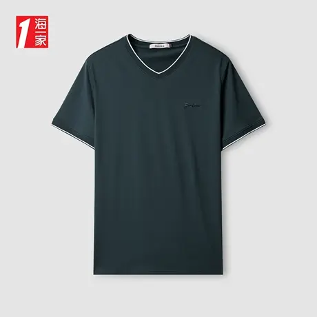 海一家小绣花V领短T2023夏季新款简约休闲舒适亲肤棉短袖T恤男商品大图