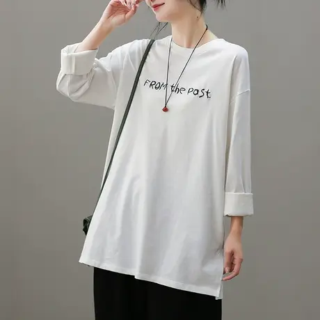 dza复古短款白色长袖t恤女士2023新款宽松内搭打底衫休闲纯棉上衣商品大图