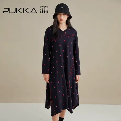 蒲PUKKA V领长袖连衣裙女棉针织长裙宽松中长款裙子早秋新款图片
