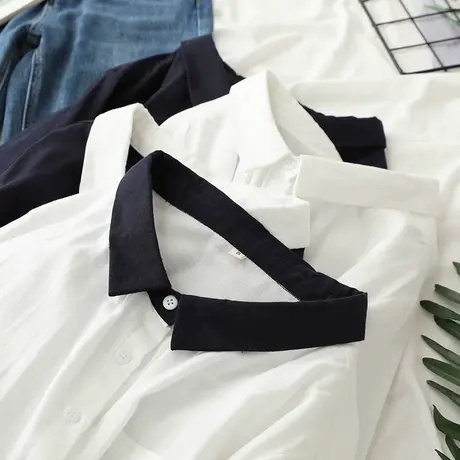 韩版双层纱纯棉长袖衬衫女春秋宽松减龄显瘦上衣文艺百搭打底衬衣商品大图