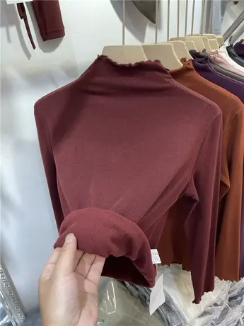 木耳边纯色坑条抓绒长袖T恤女2023秋冬新款柔软休闲打底衫上衣潮商品大图