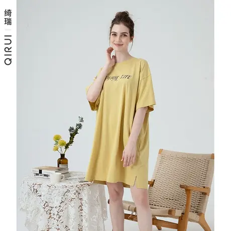 绮瑞睡裙女夏纯棉短袖薄款睡衣夏天全棉中长款连衣裙宽松大码裙子商品大图