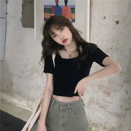 ins超火设计感方领短袖T恤女夏韩版潮小众短款高腰露脐修身上衣服商品大图