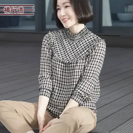 复古立领格子宽松长袖大码女装上衣木耳边雪纺衫淑女2024春季新款图片
