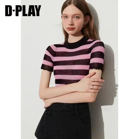 DPLAY夏新粉黑条纹撞色干爽透气修身圆领短袖套头针织小衫图片