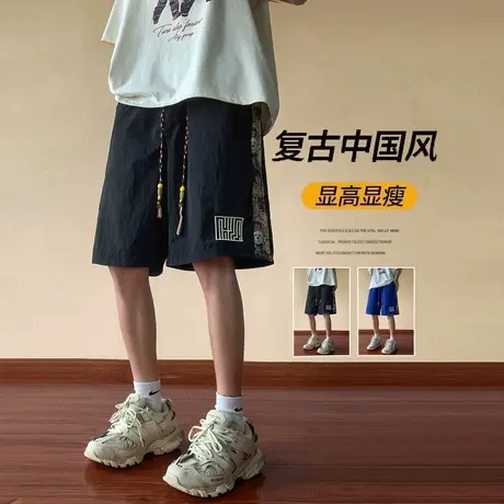 小熊印花冰丝裤子男夏季薄款潮牌宽松中国风休闲垂感短裤商品大图