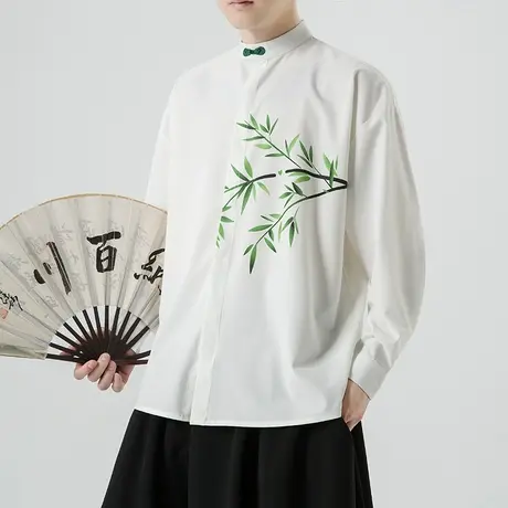 2023秋季新款男衬衣竹子印花婚礼绸缎盘扣中国风复古长袖衬衫外套商品大图