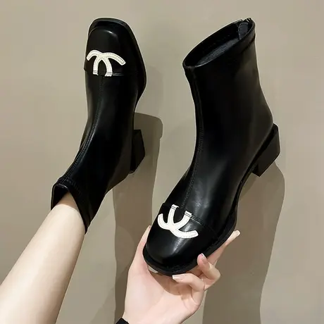 黑色短靴女2024年新款春秋单靴英伦风短筒靴低跟马丁靴粗跟瘦瘦靴商品大图