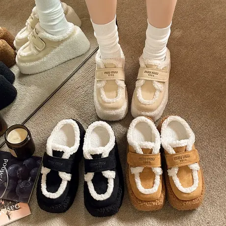 高跟厚底毛毛拖鞋女秋冬外穿高级感2023新款松糕坡跟增高包头棉拖商品大图