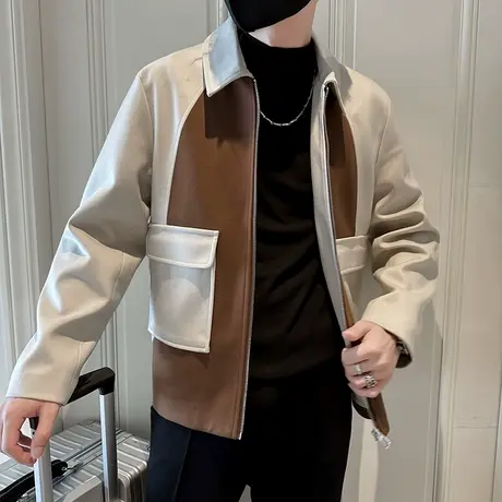 2023秋冬男新款呢子大衣翻领拼接毛呢拼色宽松夹克小外套潮男上衣图片