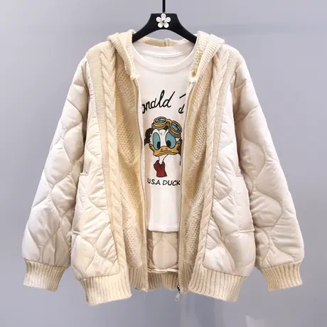 针织拼接连帽棉服女冬季2023新款宽松慵懒风设计感加厚棉衣外套图片