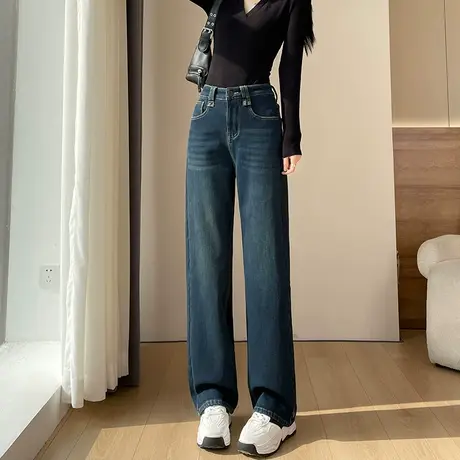 蓝色窄版阔腿牛仔裤女2024冬季加绒新款高腰显瘦百搭直筒拖地裤子图片