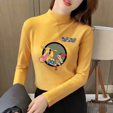 杏色德绒打底衫女秋冬2024新款修身叠穿内搭正肩长袖T恤短款上衣商品大图