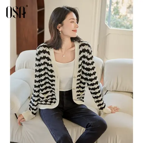 OSA欧莎黑白条纹针织开衫上衣春装女2023年新款宽松软糯毛衣外套商品大图