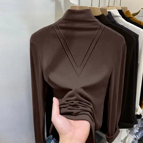 双面德绒保暖打底衫女冬季修身显瘦内搭长袖T恤韩版半高领上衣服商品大图