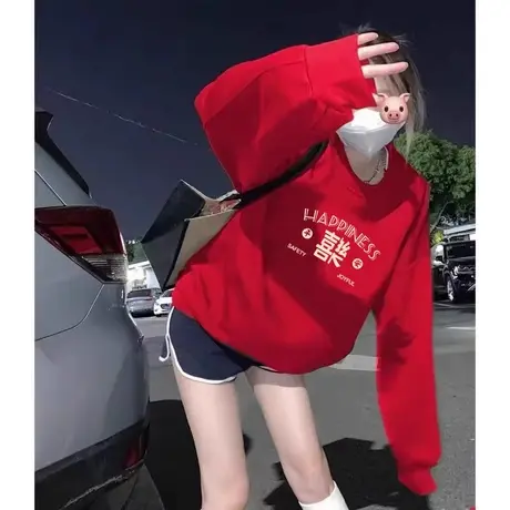 国潮迎新年大红色加绒打底卫衣女秋冬新款全家福本命年衣服上衣潮商品大图