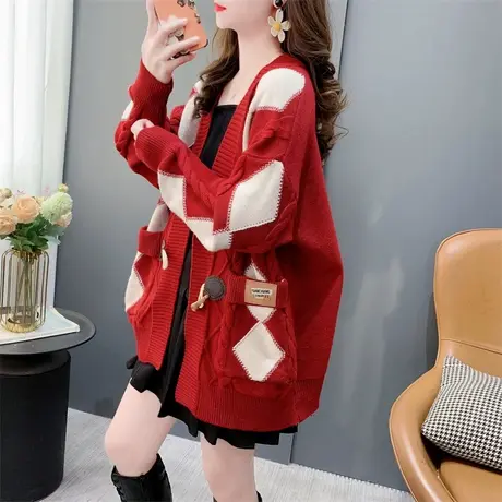 复古菱形牛角扣V领毛衣开衫女春秋2024年新款慵懒风加厚针织外套图片