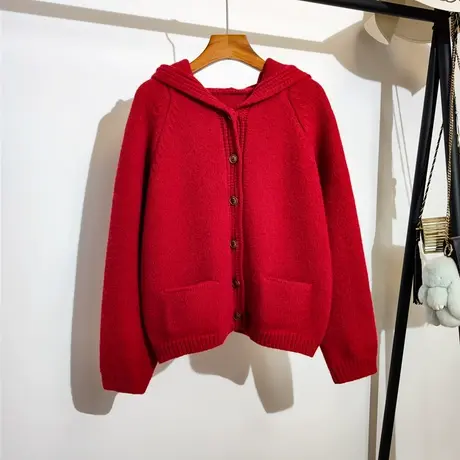 连帽毛衣开衫外套女秋冬新款韩版宽松口袋气质百搭针织衫上衣加厚商品大图