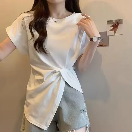 韩系港风chic开叉短袖T恤女早春夏季宽松显瘦百搭设计感小众上衣商品大图