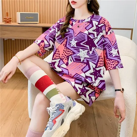 2024年新款春夏季韩版宽松中长款紫色星星百搭上衣ins短袖t恤女装图片