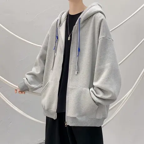 新款纯色男士卫衣长袖上衣服韩版百搭宽松连帽衫潮流拉链开衫外套商品大图