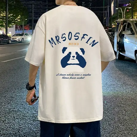 港风chic短袖T恤男夏季新款宽松体恤ins复古卡通熊猫印花半袖衣服商品大图