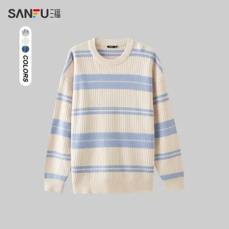三福2024春季男士提花条纹毛衣 日系户外圆领上衣男482318图片