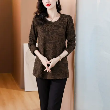 2024春装新款大码圆领t恤女打底衫中长款遮肉显瘦高级感提花小衫图片