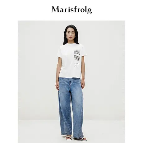 【商场同款】玛丝菲尔2024春新款白色圆领时尚印花短袖T恤上衣女图片