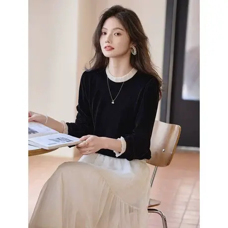 时尚气质衬衫2024年春季新款女花边领温柔百搭知性丝绒衬衫上衣商品大图