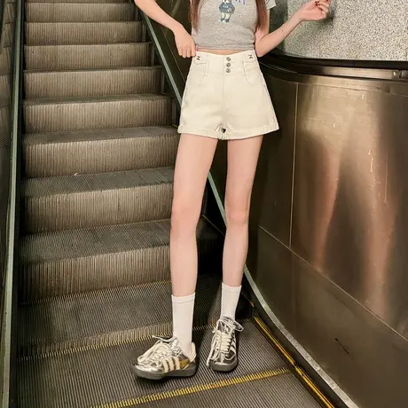 唐狮2024春夏季新款高腰牛仔短裤女显瘦潮流设计感白色裤子女商品大图