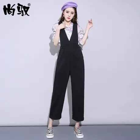 2024年新款牛仔背带裤女宽肩带秋季宽松显瘦松紧腰孕妇大码裤套装商品大图