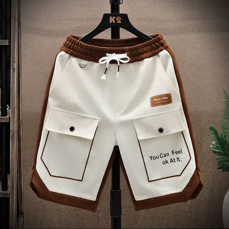 工装短裤男士夏季薄款潮牌日系宽松五分裤青少年休闲针织运动裤子商品大图