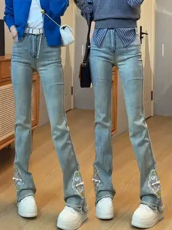 百搭时尚复古设计感刺绣弹力微喇高腰显瘦牛仔裤 2024春季新款商品大图