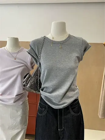短袖t恤女正肩修身显瘦 新款韩版简约基础百搭灰色小圆领打底上衣商品大图